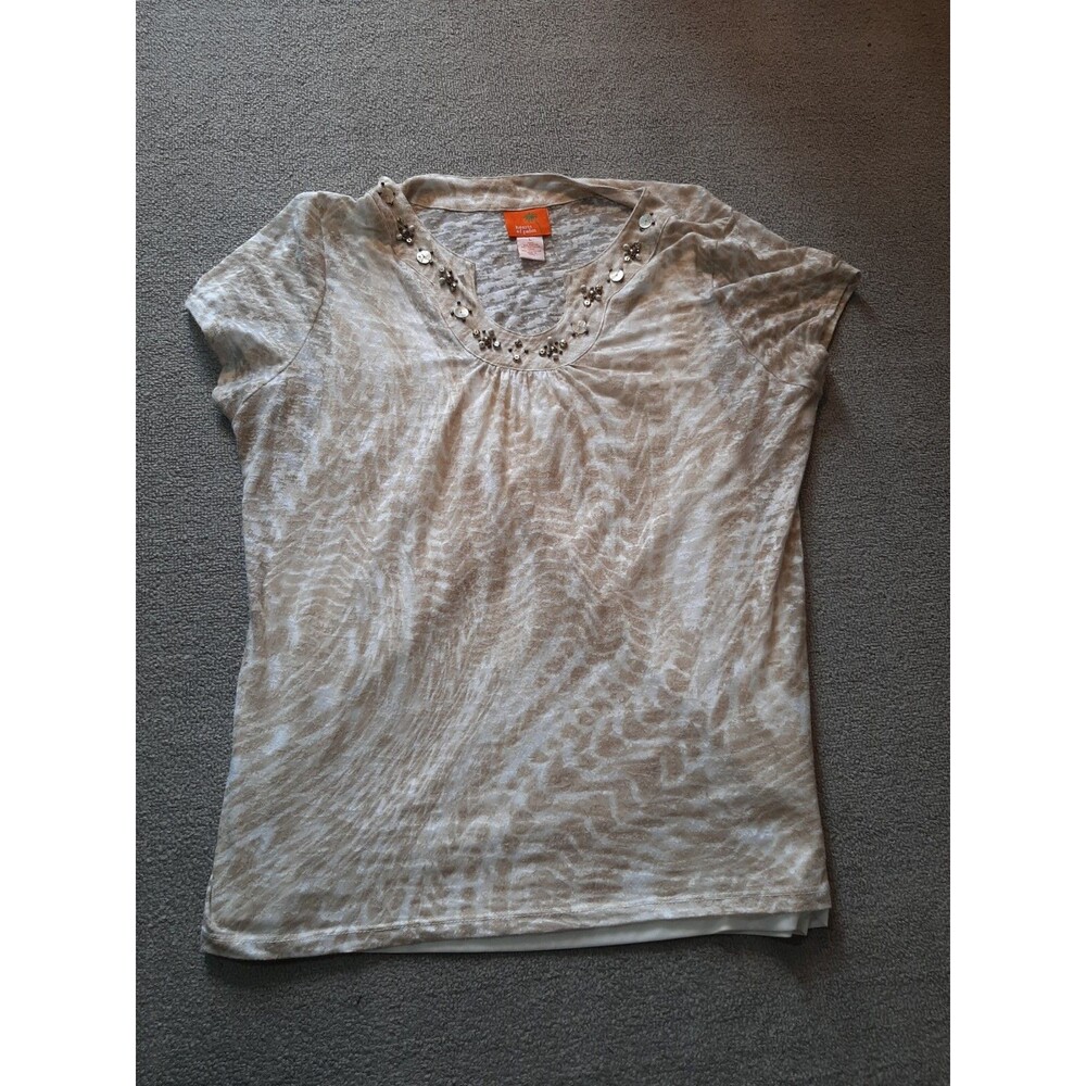 Heart Of Palms Shirt Womens Large L Beaded neckline Short Sleeve